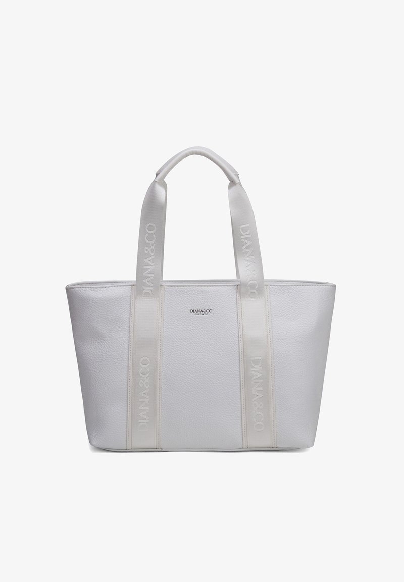 Sac fourre-tout en cuir blanc texturé avec de larges poignées en tissu embossées "DIANA&CO" et petit logo "DIANA&CO FIRENZE" à l'avant.
