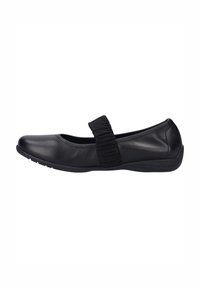 Ballerines noires en cuir avec une sangle noire texturée au milieu du pied, un bout incurvé et une semelle en caoutchouc flexible.