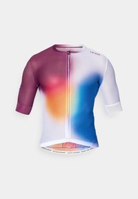 Maillot de cyclisme à manches courtes avec un design en maille, dégradé de couleurs violette, orange et bleue ; fermeture éclair et détail imprimé à l'ourlet.