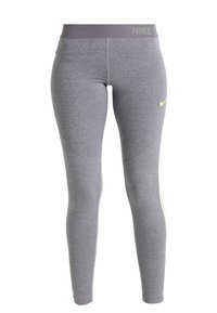 Leggings deportivas para mujer de Nike en gris con cintura alta, logo de Nike en neón verde en el muslo y una sutil franja neón a lo largo del costado.