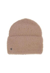 Beanie roz, pufoasă, din tricot, cu un vârf rotunjit �și o margine pliată. Prezintă un mic tag metalic cu logo pe lateral. Textură moale pe întreaga suprafață.