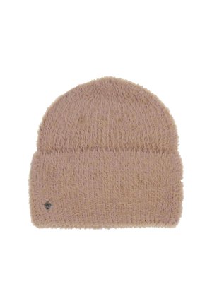 Pink, fuzzy knit beanie with a rounded top and a folded cuff. Features a small metallic logo tag on the side. Soft texture throughout.