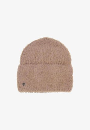 Pink, fuzzy knit beanie with a rounded top and a folded cuff. Features a small metallic logo tag on the side. Soft texture throughout.