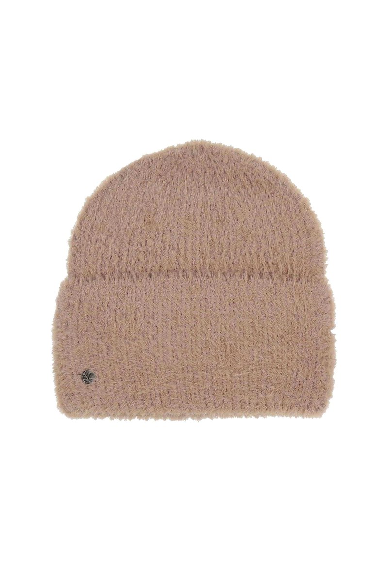 Beanie roz, pufoasă, din tricot, cu un vârf rotunjit și o margine pliată. Prezintă un mic tag metalic cu logo pe lateral. Textură moale pe întreaga suprafață.