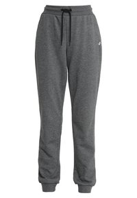 Pantalones de chándal grises de tela suave, con una cintura elástica y cordón, dobladillos elásticos y un pequeño logo en el muslo izquierdo.