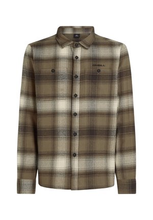 Brown and cream plaid flannel shirt with button front, two chest pockets, and a casual collar. Features O'Neill logo on the left side.