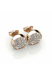 Orecchini a perno in oro rosa con design circolare, impreziositi da pietre chiare scintillanti disposte in un motivo a grappolo.