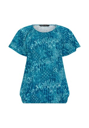 Blauwe korte mouw blouse met ronde hals en abstract dierenprintpatroon in verschillende tinten blauw.