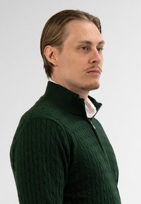 Blonde man met lichte gezichtsbeharing draagt een donkergroen kabelbreigoed met halve rits over een wit overhemd, kijkt naar rechts, neutrale achtergrond.