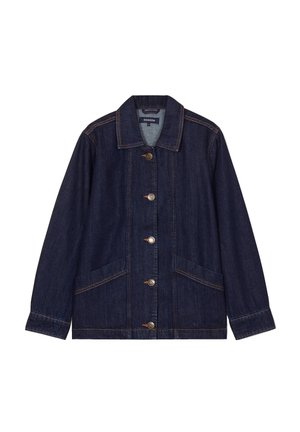 Dunkelblaue Jeansjacke mit durchgehender Knopfleiste, zwei Fronttaschen und klassischem Kragen. Kontrastnähte entlang der Nähte.