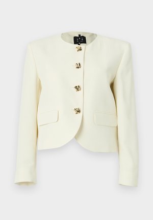 Κοντό μπουφάν σε κρεμ απόχρωση από υφή υφάσματος με στρογγυλή λαιμόκοψη και πέντε κλεισίματα με κουμπιά σε χρυσαφί απόχρωση, με δύο εμπρόσθιες τσέπες.