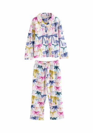 Pyjama-set gemaakt van zachte stof met een lange mouwen top met knopen en broek. Kleurrijke print van strikken in roze, blauw, groen en geel.