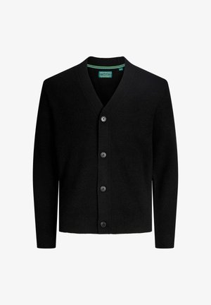 Schwarze Strickjacke mit V-Ausschnitt, mit Knopfleiste und gerippter Textur. Sie hat fünf schwarze Knöpfe und einen kontrastierenden Innenkragen.