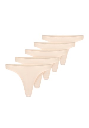 Pět párů světle béžových tango kalhotek, které mají hladký povrch, úzké boční pásky a nízký střih.
