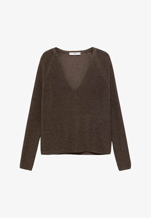 Brown knit sweater with a deep V-neck and long sleeves. Features a slightly loose fit and a subtle sparkling texture throughout.