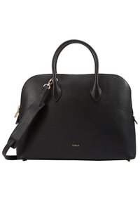 Czarna skórzana torebka o gładkiej fakturze, z podwójnymi uchwytami u góry, odpinanym paskiem na ramię, złotymi akcesoriami i logo marki z przodu.