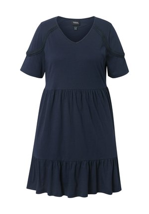 Marineblaue kurzärmlige Kleid mit V-Ausschnitt, das einen gerafften Rock und strukturierte Details an den Schultern aufweist. Hergestellt aus weichem Stoff.