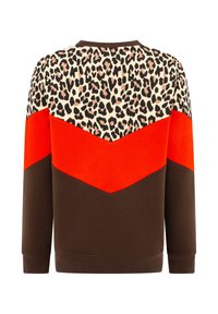 Brązowa bluza z panelem w leoparda i pomarańczowym wzorem chevron. Żebrowany kołnierz i mankiety, miękka tekstura, luźny krój.