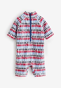 Kurzärmeliger, gemusterter Badeanzug mit verschiedenen illustrierten Figuren in Rot und Blau auf hellem Hintergrund. Frontreißverschluss.