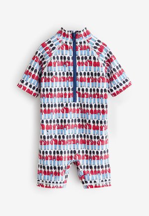 Trumpomis rankovėmis maudymosi kostiumėlis su įvairiais raudonos ir mėlynos spalvų iliustruotais figūromis šviesiame fone. Priekyje užtrauktuko uždarymas.