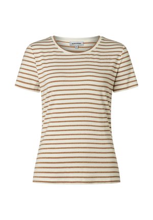 Kurzärmeliges cremefarbenes T-Shirt mit horizontalen hellbraunen Streifen und rundem Ausschnitt, Größe 36.