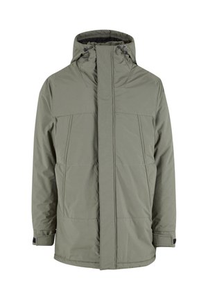 Olivno zelena toplotno izolirana jakna z visokim ovratnikom, sprednjim zadrgo, dvema velikima žepoma in nastavljivo kapuco z vrvicami.