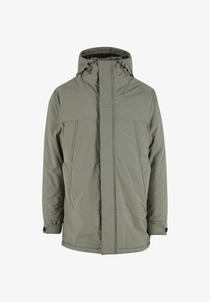 Olivno zelena toplotno izolirana jakna z visokim ovratnikom, sprednjim zadrgo, dvema velikima žepoma in nastavljivo kapuco z vrvicami.