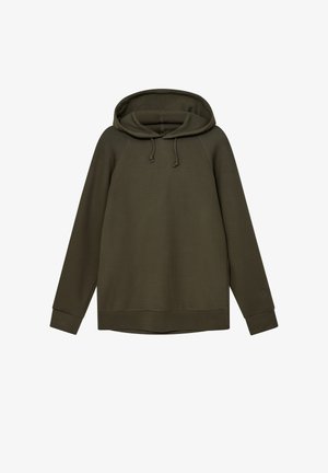 Olive zelena kapuča izdelana iz mehkega materiala, z vrvico za nastavljanje kapuce, raglan rokavi in ribanim robom. Preprost, neobložen dizajn.