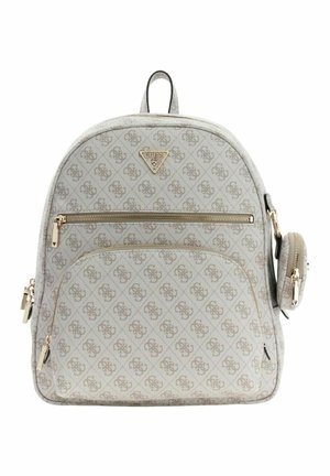 Sac à dos gris à motifs avec quincaillerie dorée, présentant une forme arrondie, deux poches zippées et une petite pochette latérale. Accentué par le logo de la marque.