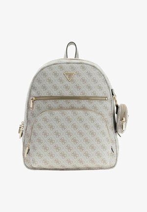 Sac à dos gris à motifs avec quincaillerie dorée, présentant une forme arrondie, deux poches zippées et une petite pochette latérale. Accentué par le logo de la marque.