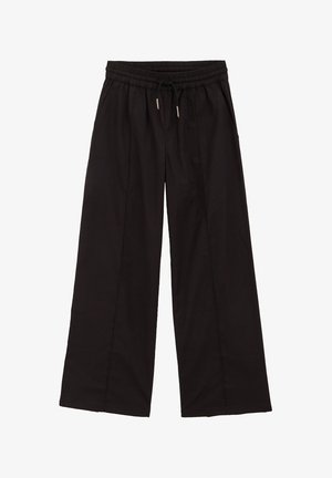 Črne široke hlače z elastičnim pasom, z detajlom vezanja in navpičnimi sprednjimi šivi. Narejene so iz mehkega, zračnega materiala.