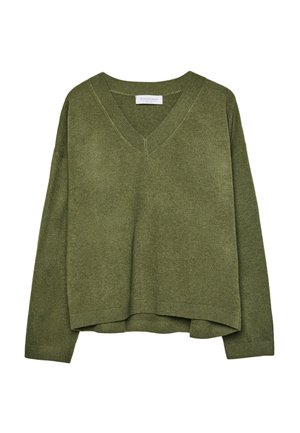 Olivegrüner V-Ausschnitt Strickpullover mit langen Ärmeln und gerippten Bündchen und Saum, leicht cropped Fit.