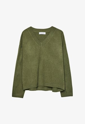 Olive green V-neck knitted sweater with long sleeves and ribbed cuffs and hem, slightly cropped fit.