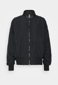 Black bomber jacket with a stand-up collar, zip front, ribbed cuffs, and two side pockets; made from lightweight, smooth fabric.