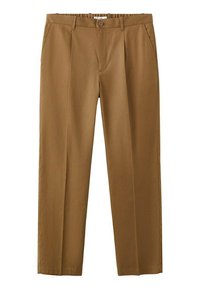 Pantalon marron taille haute à coupe droite, avec poches latérales, braguette zippée et texture subtile.