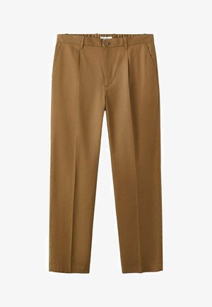 Braune, hoch taillierte Hose mit geradem Bein, ausgestattet mit seitlichen Taschen, Reißverschluss und einer dezenten Textur.