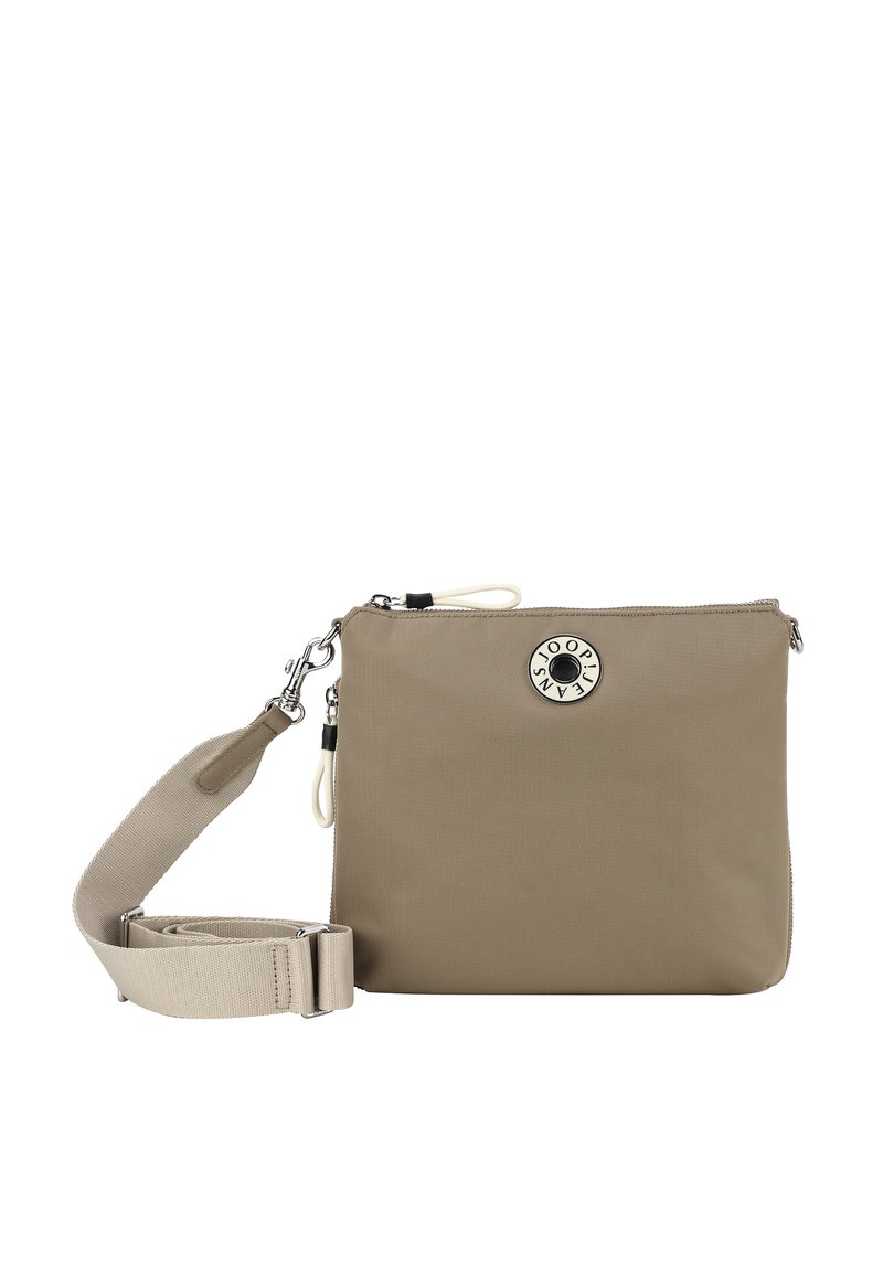 Borsa a tracolla beige in nylon strutturato, caratterizzata da una patch logo circolare, una tracolla regolabile e scomparti con zip.