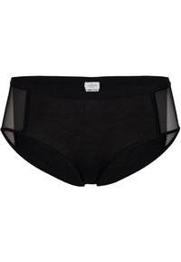Zwarte slip met gaas zijkanten, voorzien van een gladde stof, mid-rise ontwerp en minimale stikseldetails. Merklabel aan de achterkant in het midden.