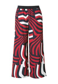 Wide-leg pants made of lightweight fabric in navy, red, and white with abstract wave patterns. Features an elastic waistband for comfort.