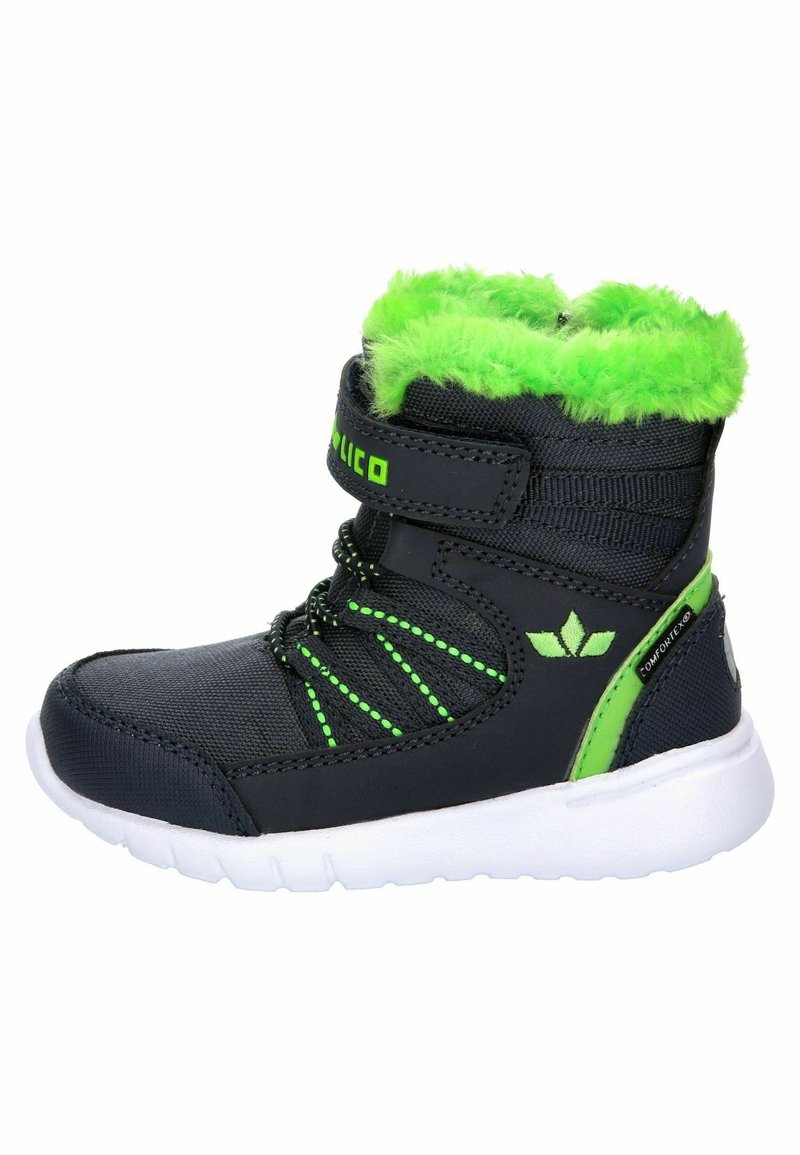 Botte d'hiver pour enfant noire et verte avec doublure en fourrure vert néon, bande auto-agrippante et semelle blanche, conçue pour la chaleur et le confort.