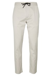 Ljust beige, randiga byxor med elastisk midja och svart dragsko. Tyget verkar glatt med en skräddarsydd passform och ankellång design.