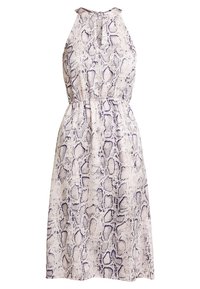Halter-neck dress in light fabric featuring a purple and beige snake print pattern. Elastic waist for a fitted silhouette.