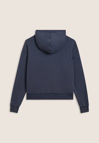 Hoodie cropped color blu navy con cappuccio regolabile, polsini e orlo a costine e una texture liscia. Presenta dettagli del logo sulla manica.