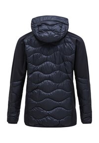 Polstret sort jakke med hætte, der har et quiltet mønster på den øverste halvdel og glat stof på den nederste halvdel. Lange ærmer.