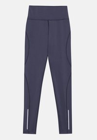 Marine athletische leggings van rekbare stof met een brede tailleband, contournaden en reflecterende accenten op de onderbenen.