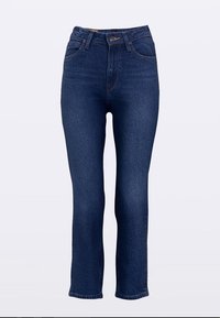 Donkerblauwe denim jeans met hoge taille, rechte pijp en minimale stiksel details. Voorzien van standaard voorzakken en een knoopsluiting.