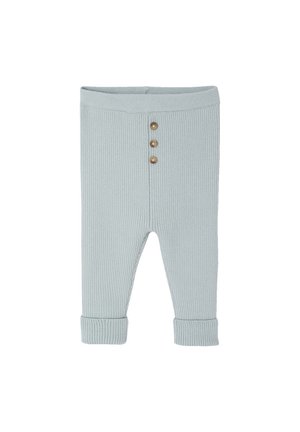 Light blue ribbed knit baby pants with three wooden buttons on the front and folded cuffs at the ankles.