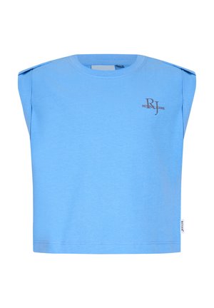 Hellblaues ärmelloses, kurz geschnittenes Oberteil mit kleinem "RJ Retour Jeans"-Logo auf der oberen linken Brustseite und rundem Ausschnitt.