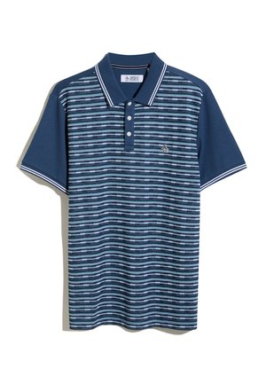 Polohemd in Marineblau mit horizontalen Streifen in verschiedenen Blautönen. Verfügt über eine Zwei-Knopf-Leiste und ein kleines gesticktes Logo. Kurzärmlig.