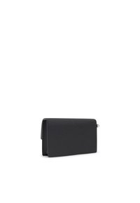 Black rectangular clutch bag with textured surface, fold-over top, and a silver accent. Compact design suitable for carrying essentials.